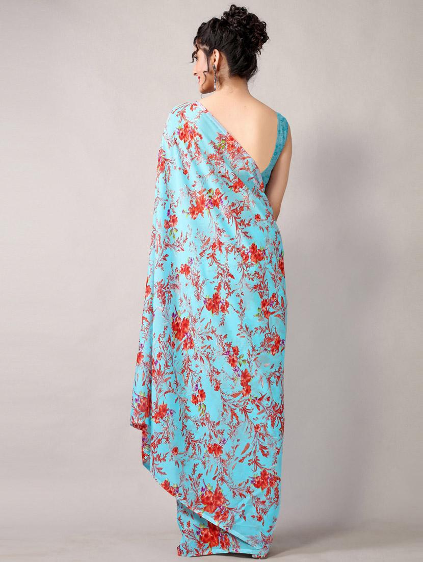 turquoise georgette printed saree with blouse - 18226327 - Standard Image - 4