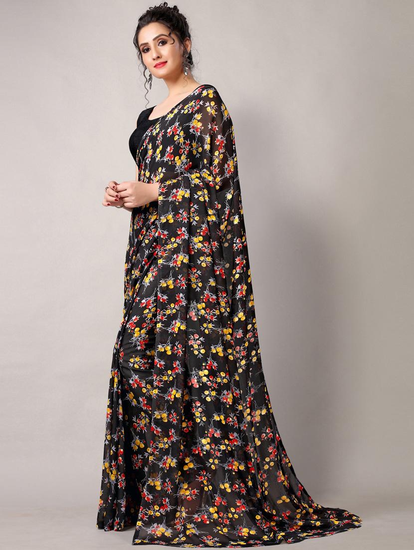 women's floral black colored saree with blouse - 18226330 - Standard Image - 1
