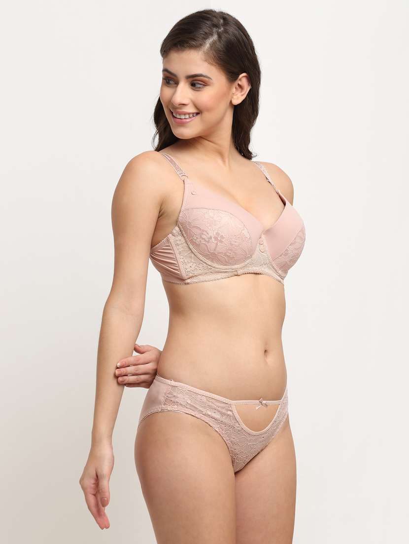 beige solid bras and panty set - 18226338 -  Standard Image - 1
