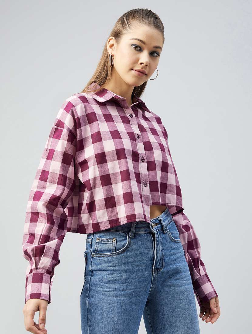 purple checked crop shirt
