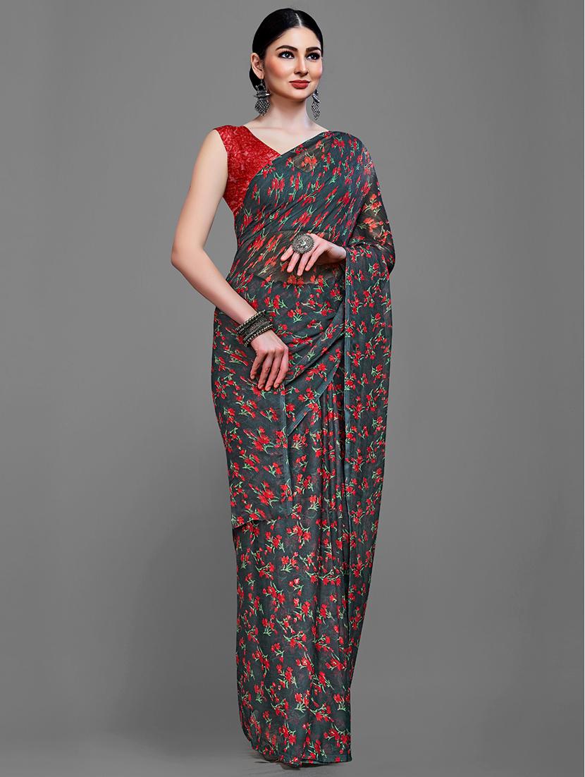black chiffon printed saree with blouse - 18226990 - Standard Image - 1