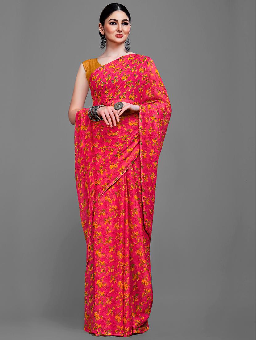 pink chiffon printed saree with blouse - 18226991 - Standard Image - 1