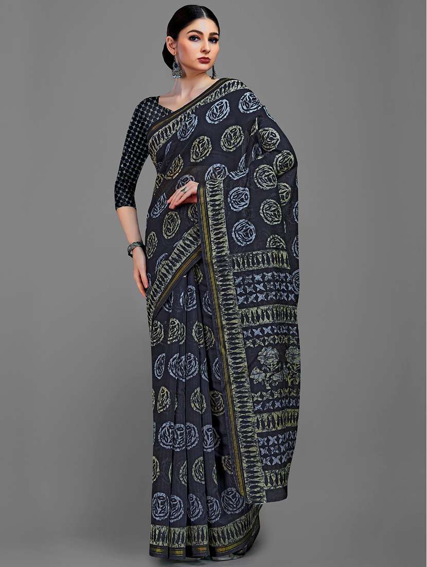 women's printed navy blue colored saree with blouse - 18226996 -  Standard Image - 1
