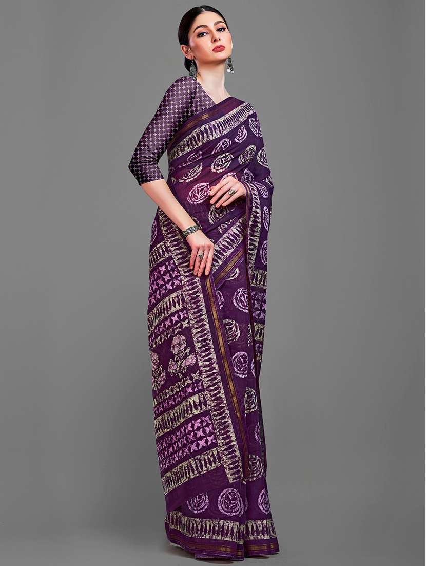 purple cotton blend saree with blouse - 18227001 -  Standard Image - 1
