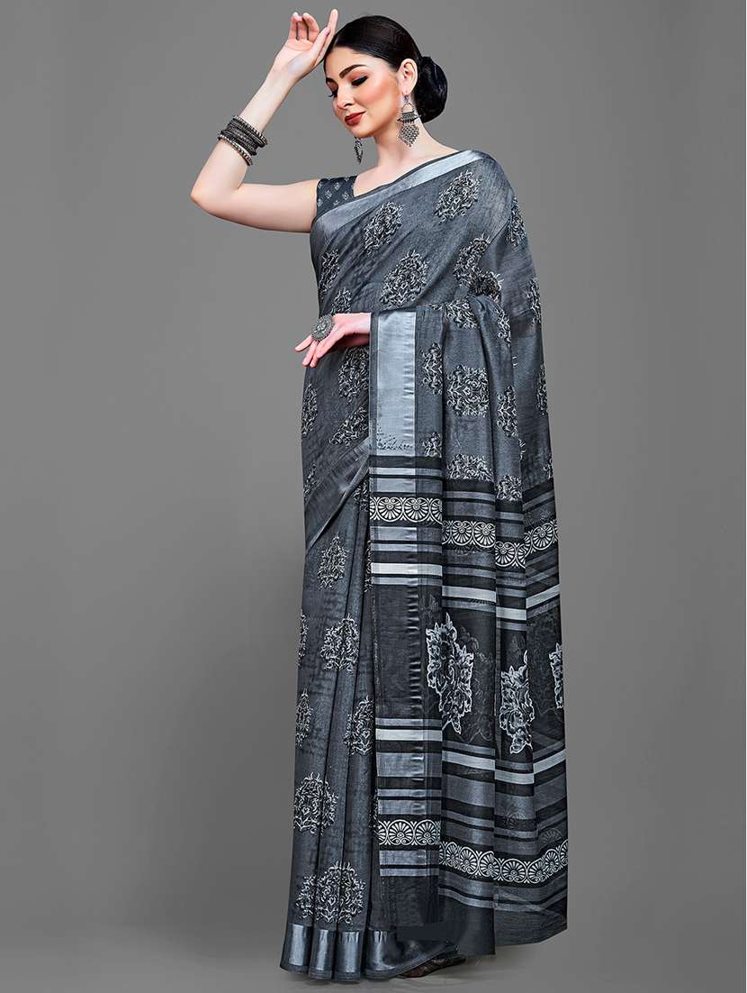 grey cotton blend saree with blouse - 18227003 -  Standard Image - 1