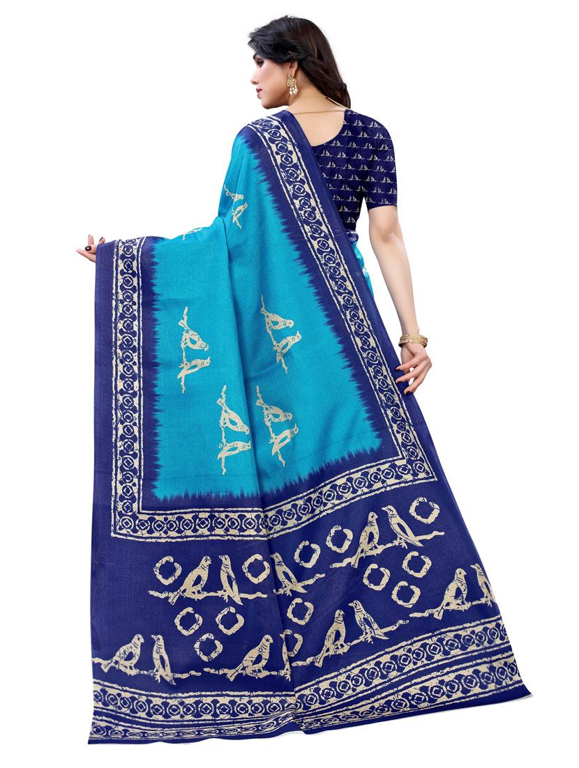 blue linen printed saree with blouse - 18229768 - Standard Image - 1
