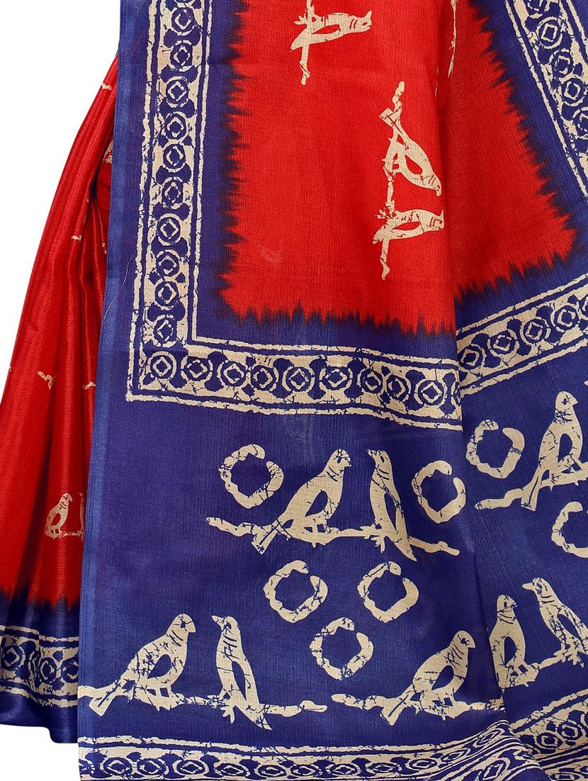 red linen printed saree with blouse - 18229771 - Standard Image - 1