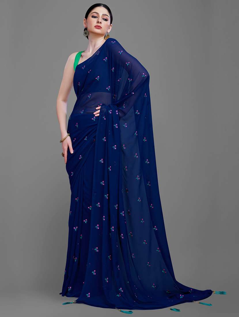 navy georgette embroidered saree with blouse - 18229859 -  Standard Image - 1