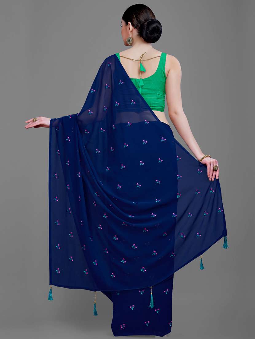navy georgette embroidered saree with blouse - 18229859 - Standard Image - 4