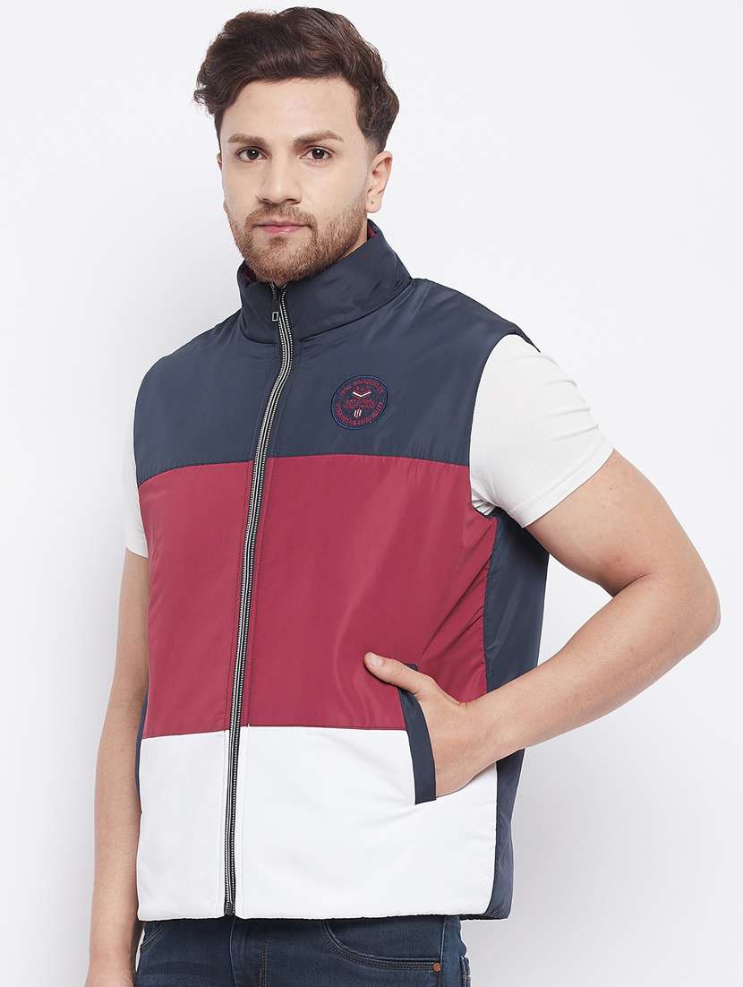 navy blue color-blocked quilted jacket - 18229916 -  Standard Image - 1