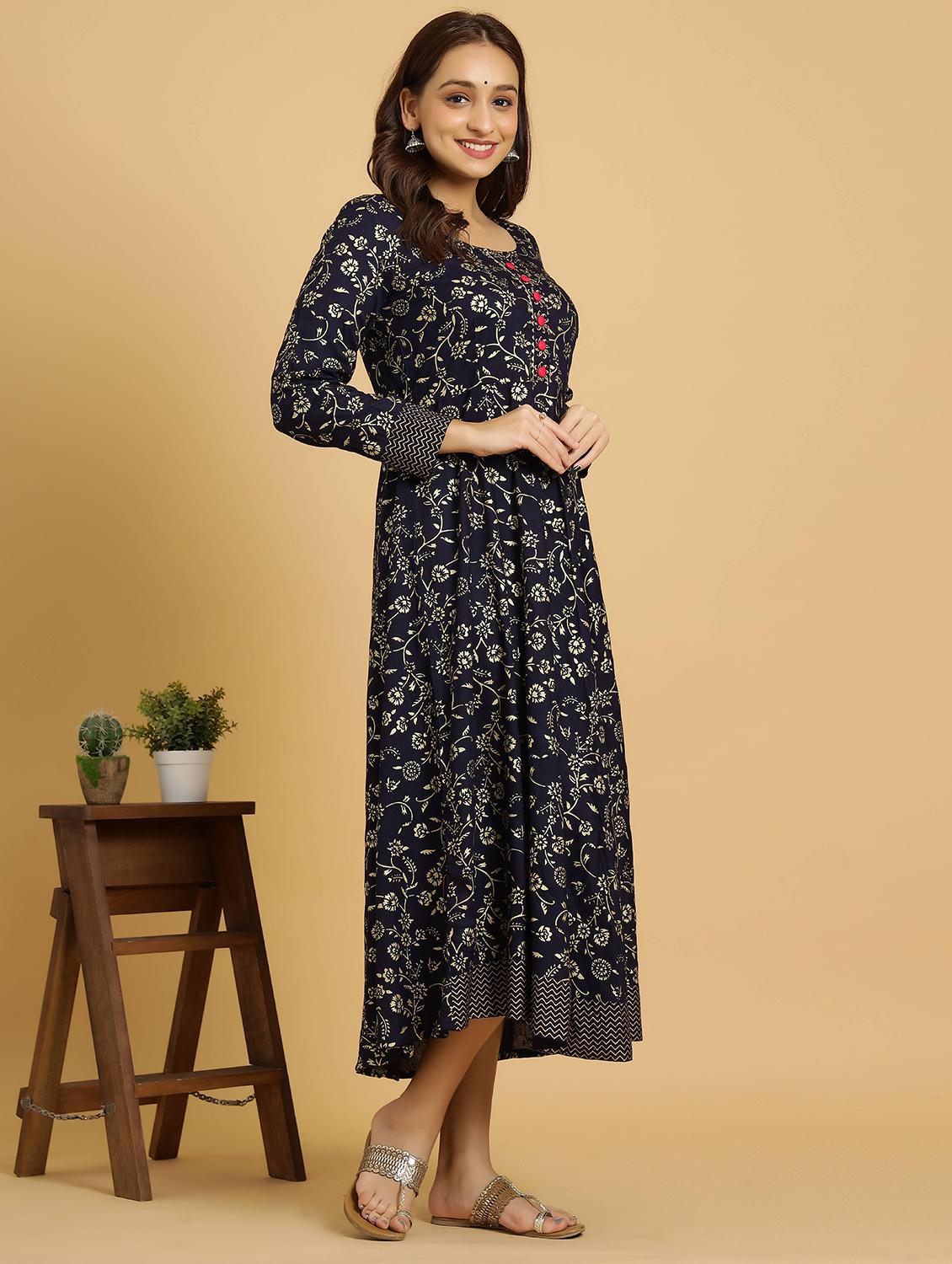 navy blue rayon fit & flare gown - 18230828 -  Standard Image - 1