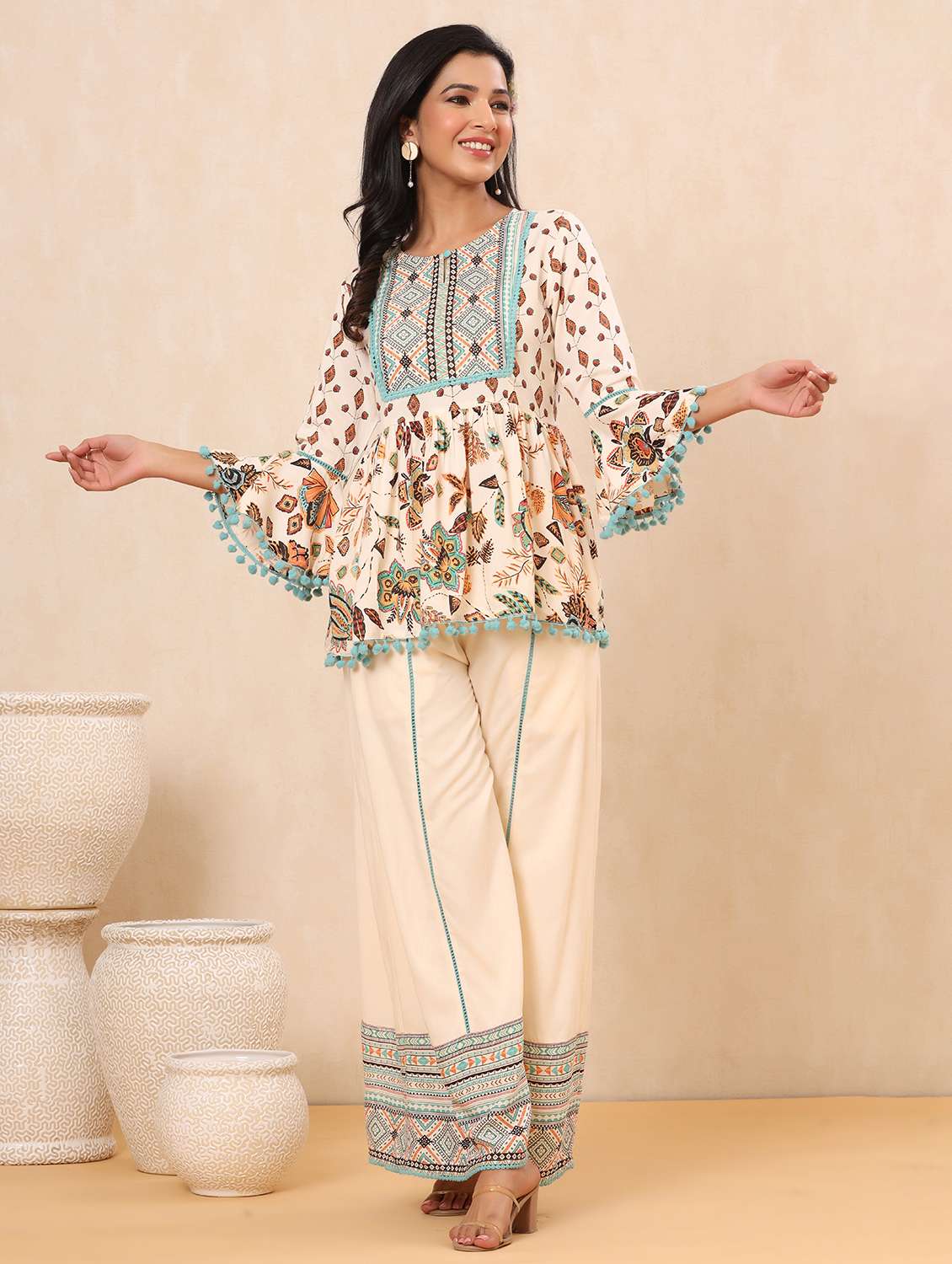 beige rayon kurta palazzo  set