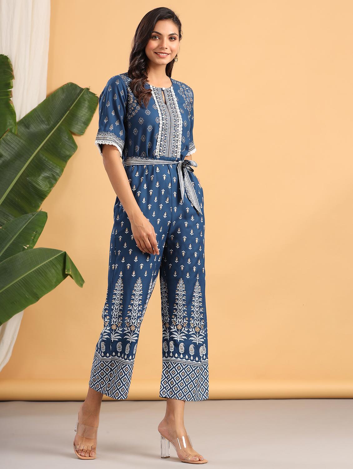 tie front printed full leg jumpsuit - 18230983 -  Standard Image - 1