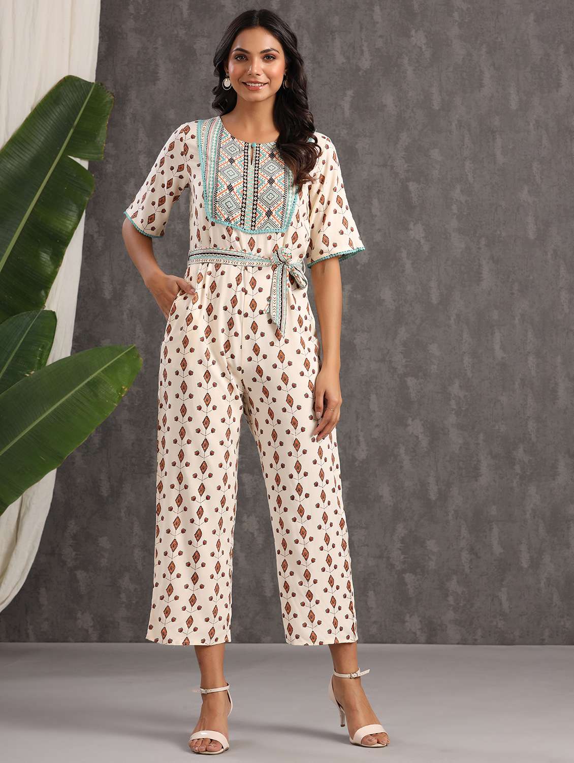 tie front printed full leg jumpsuit