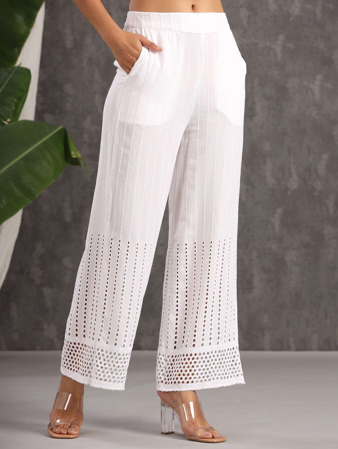 white solid schiffli straight palazzo - 18230990 -  Standard Image - 1