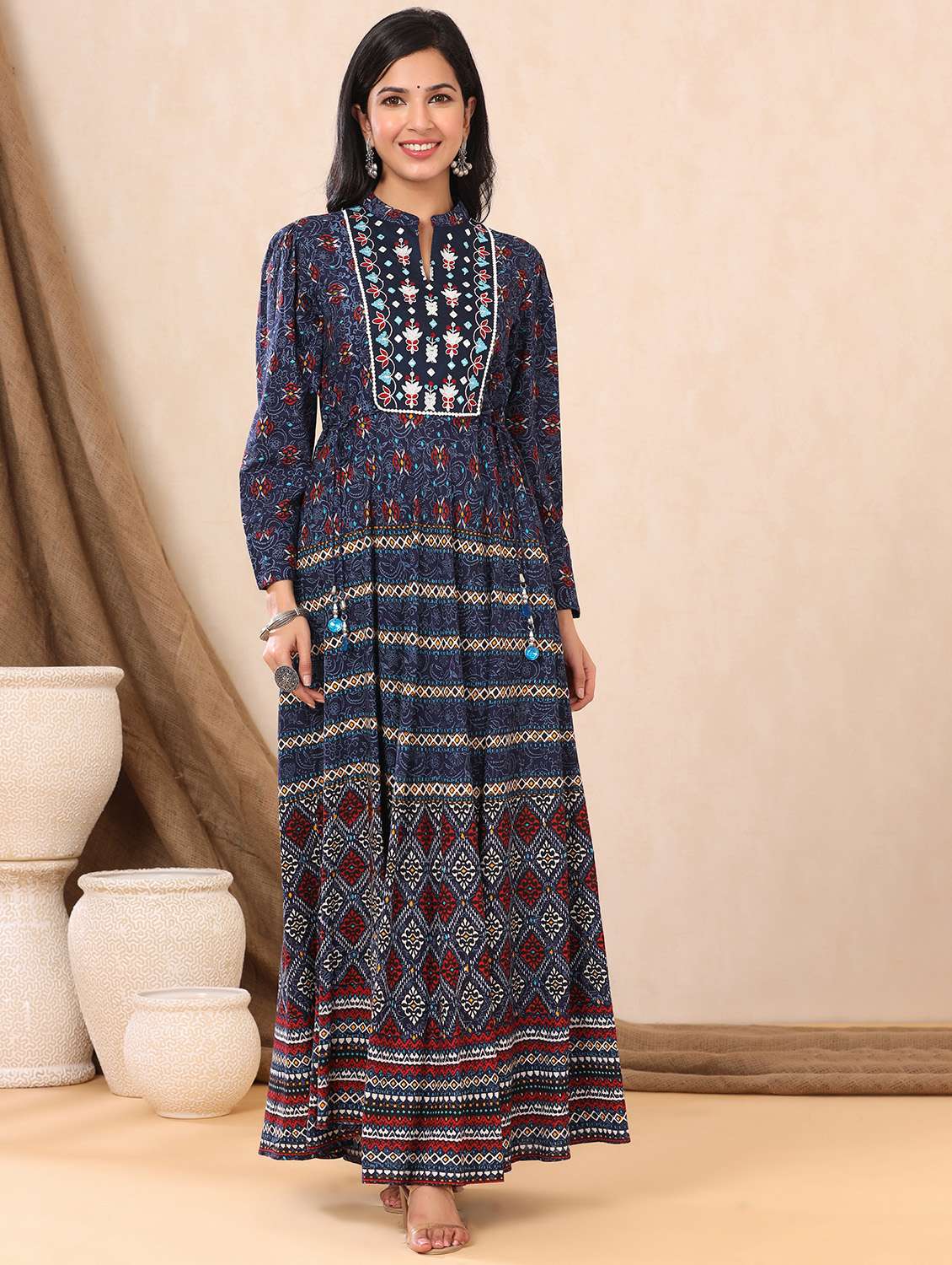 blue printed flared ethnic dress