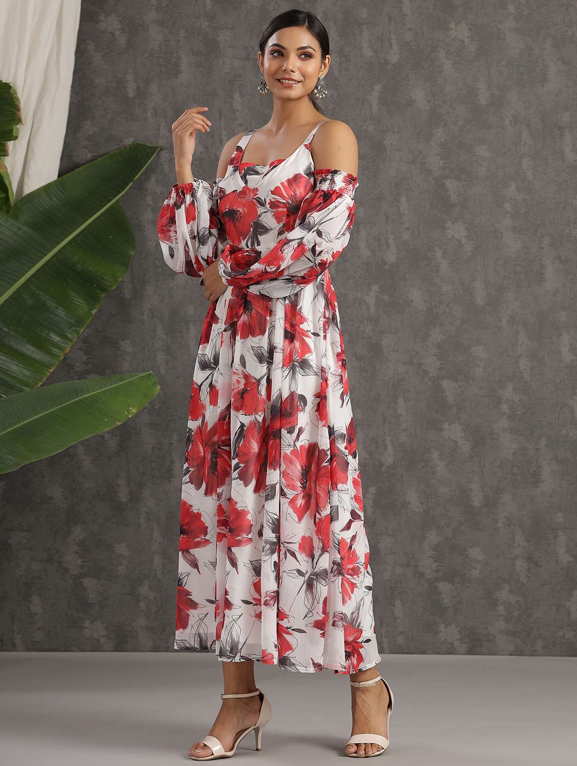 white chiffon fit & flare ethnic dress - 18231019 -  Standard Image - 1