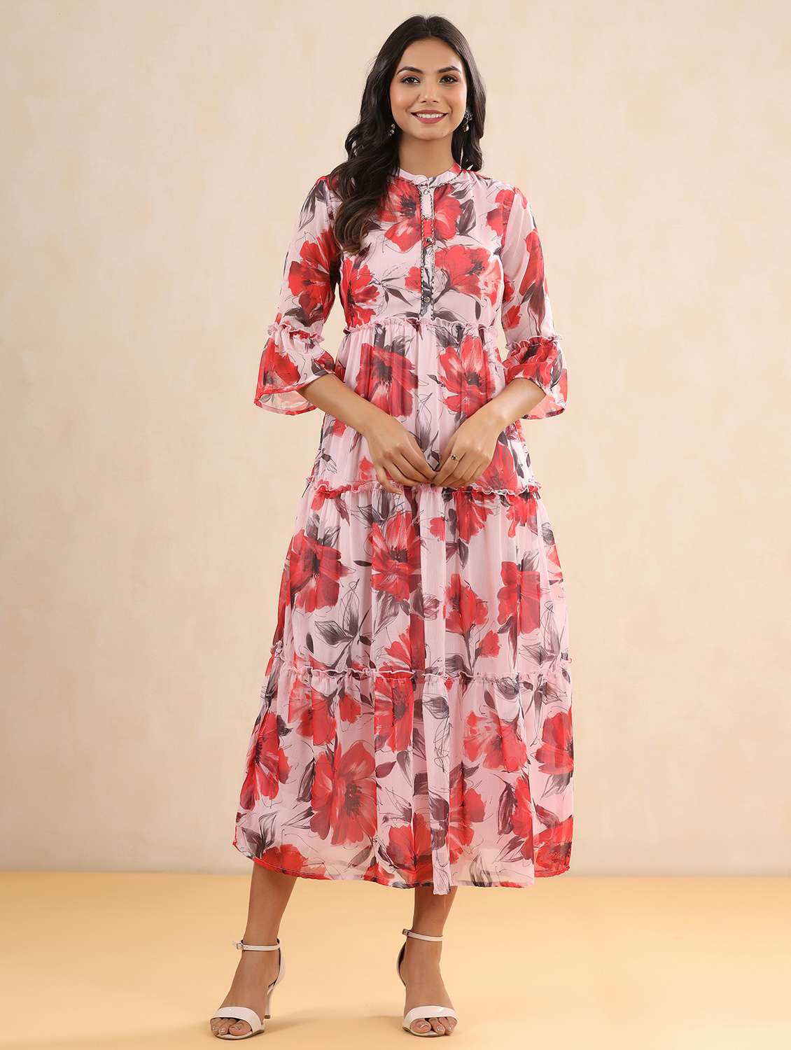 pink chiffon tiered ethnic dress - 18231021 - Zoom Image - 0