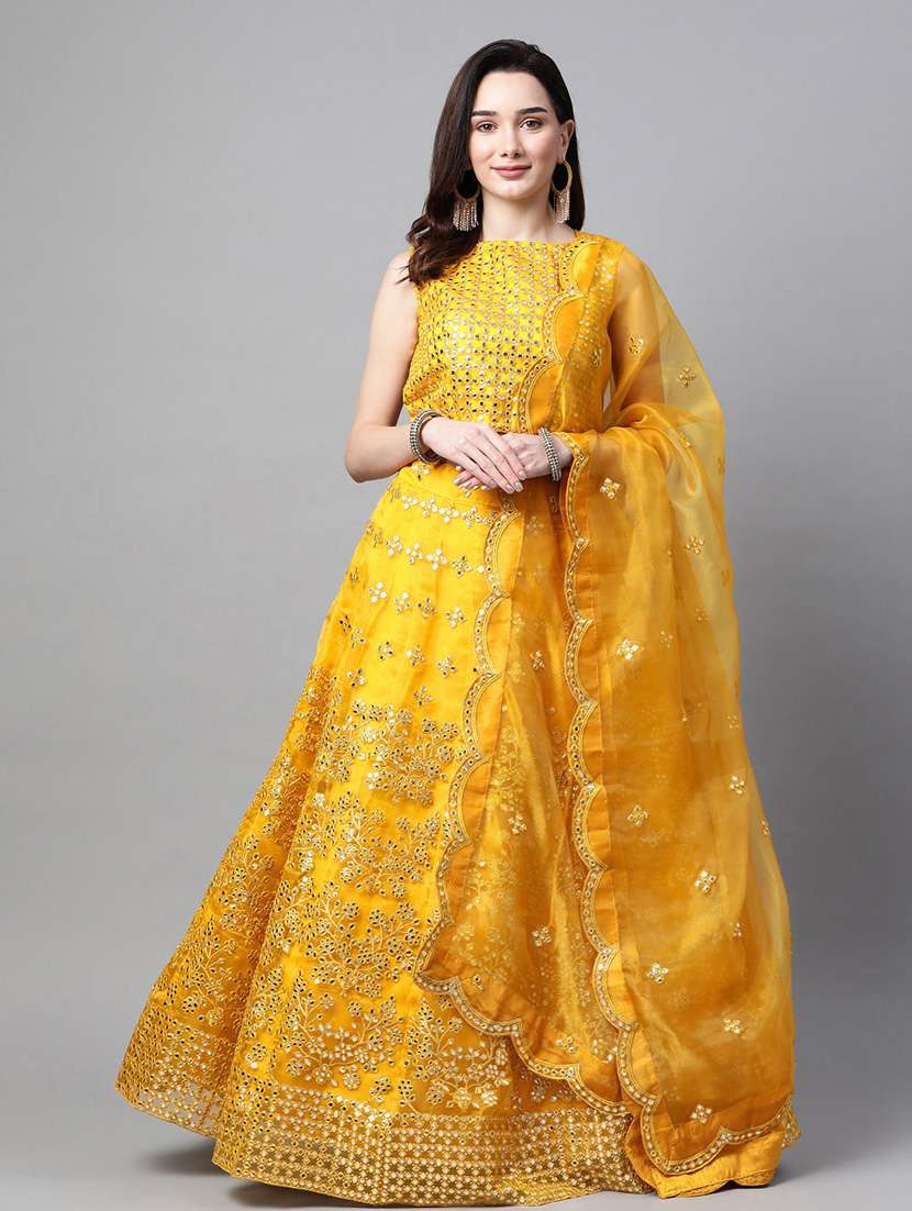 yellow organza flared lehenga
