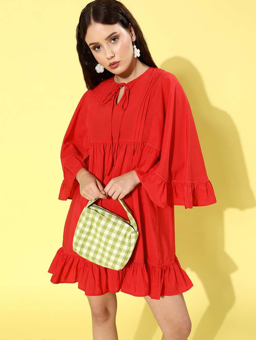 tie up neck solid fit & flare dress