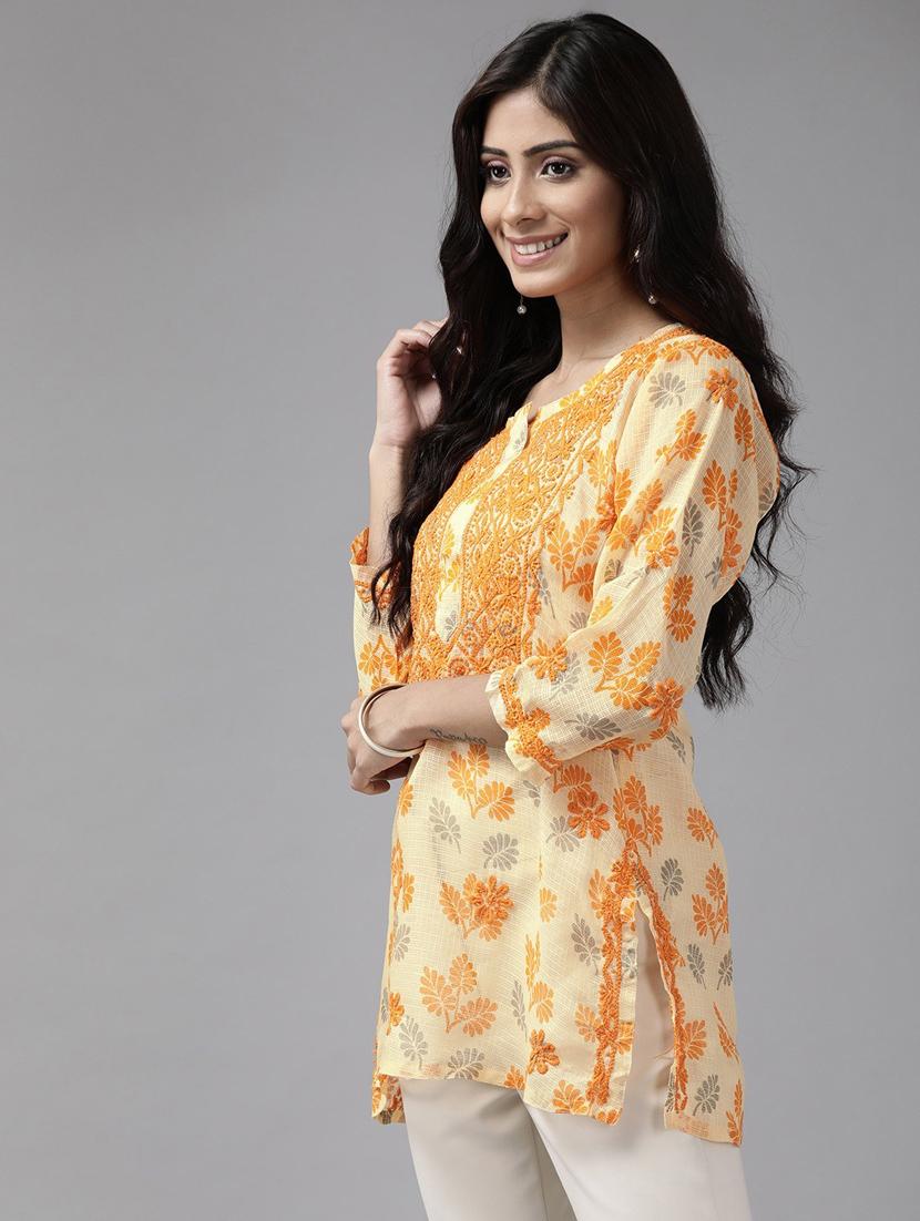 ada hand embroidered lemon kota chikankari kurti - 18234211 - Standard Image - 1