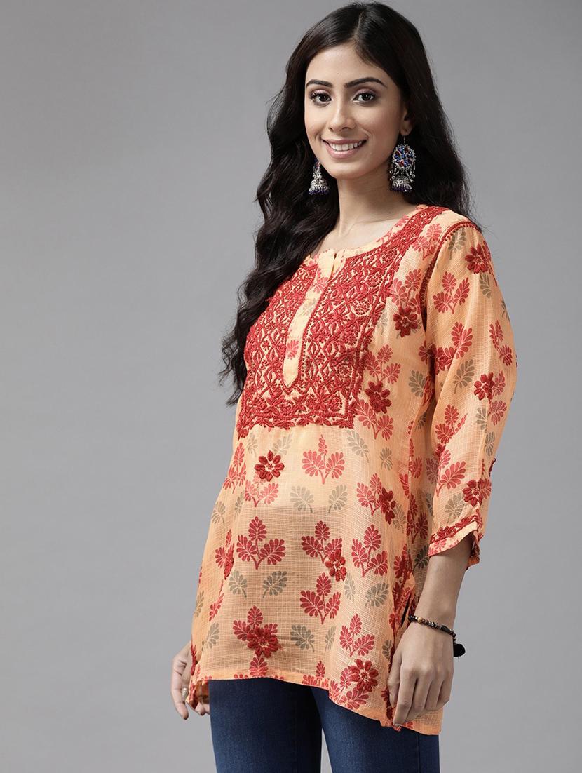 ada hand embroidered peach kota lucknow chikankari kurti - 18234212 - Standard Image - 1