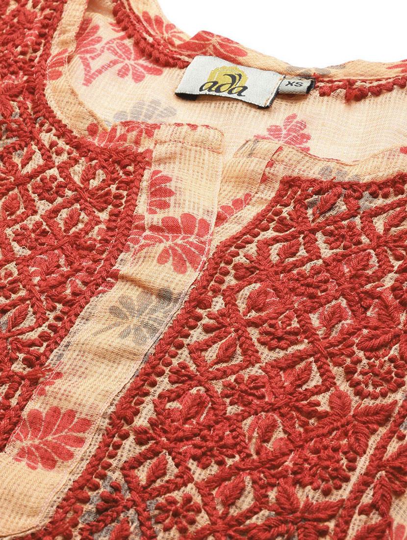 ada hand embroidered peach kota lucknow chikankari kurti - 18234212 - Standard Image - 4