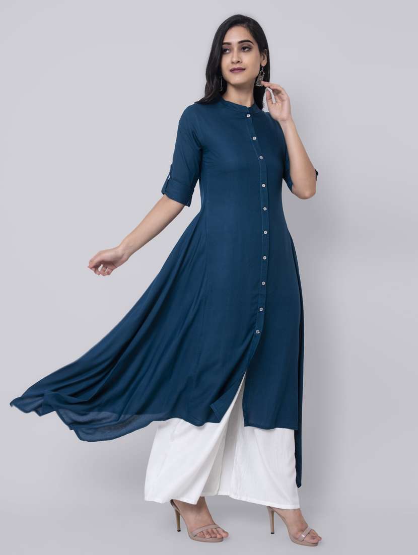 Sky Blue Blue Cotton Asymmetric Kurta Limeroad Buy Online Solid