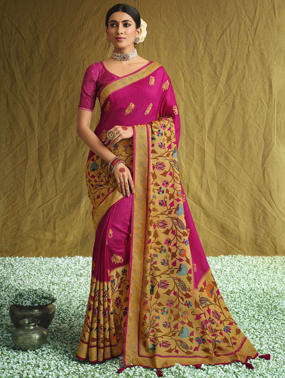 pink cotton silk printed saree with blouse
