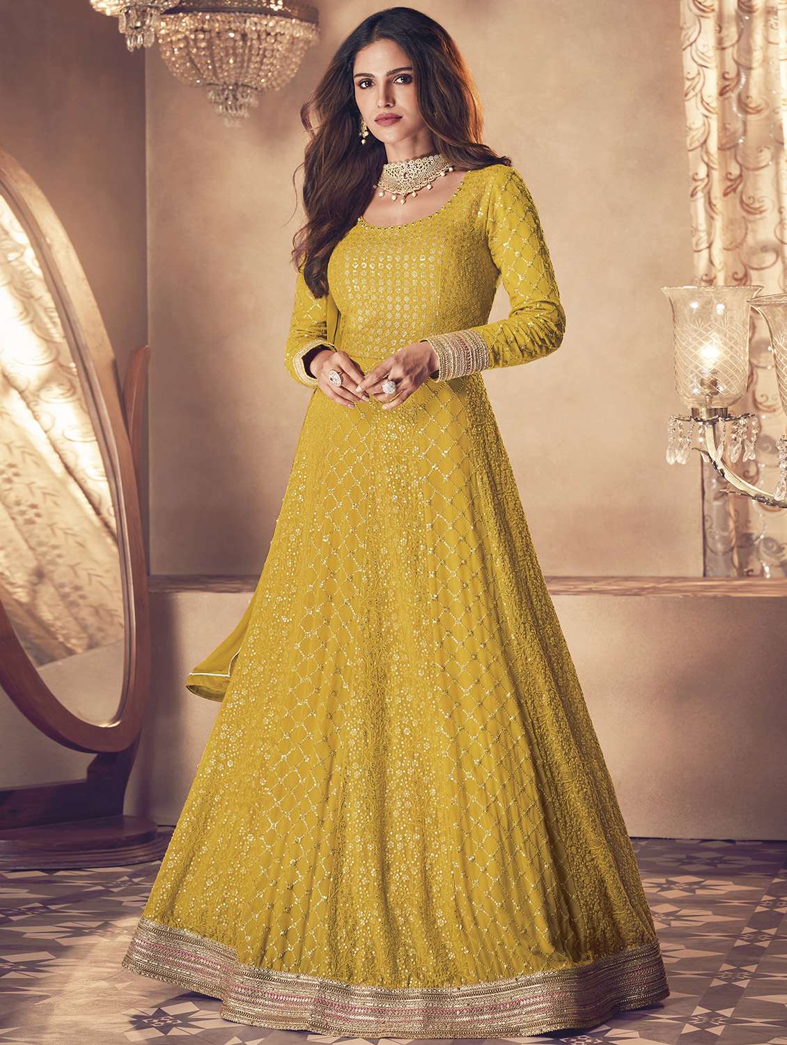 yellow georgette semistitched suit