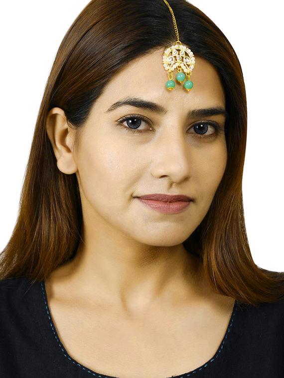 gold-plated stone-studded & pearl-beaded maang tikka - 18235954 - Standard Image - 1