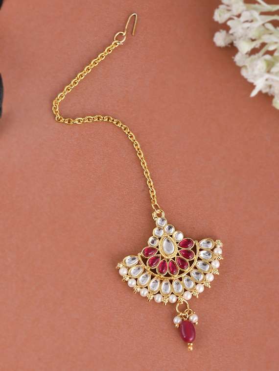pink stone studded brass maang teeka