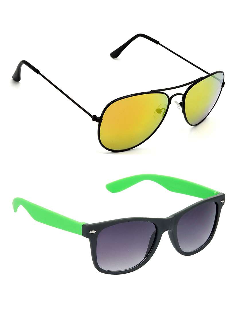 hrinkar men women boys & girls aviator & wayfarer sunglasses black & green frame, golden & grey lens (medium) pack of - 2