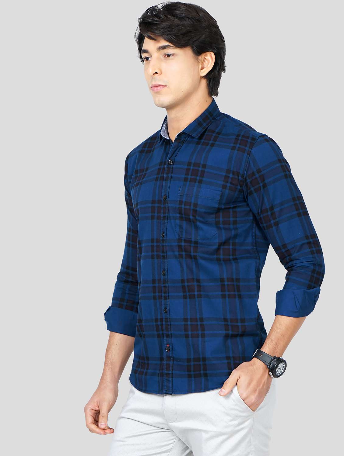navy-blue checkered casual shirt - 18245390 - Standard Image - 1