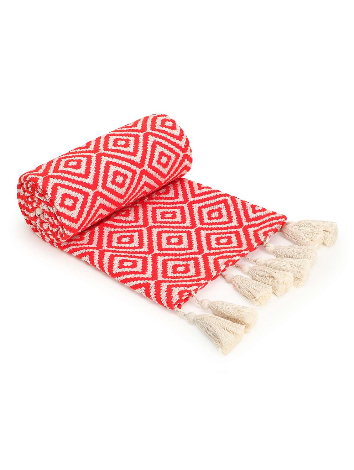 mezposh acoustic neon red & natural diamond pattern cotton acrylic sofa throw (170 x 130 cm)