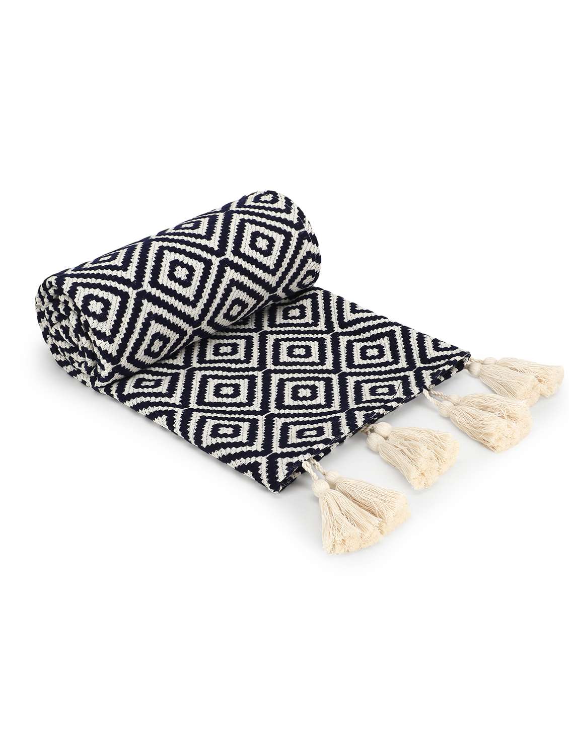 mezposh acoustic navy blue & natural diamond pattern cotton acrylic sofa throw (170 x 130 cm)