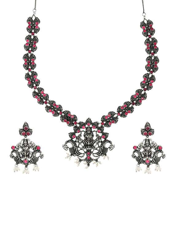 silver oxidized necklace with earring