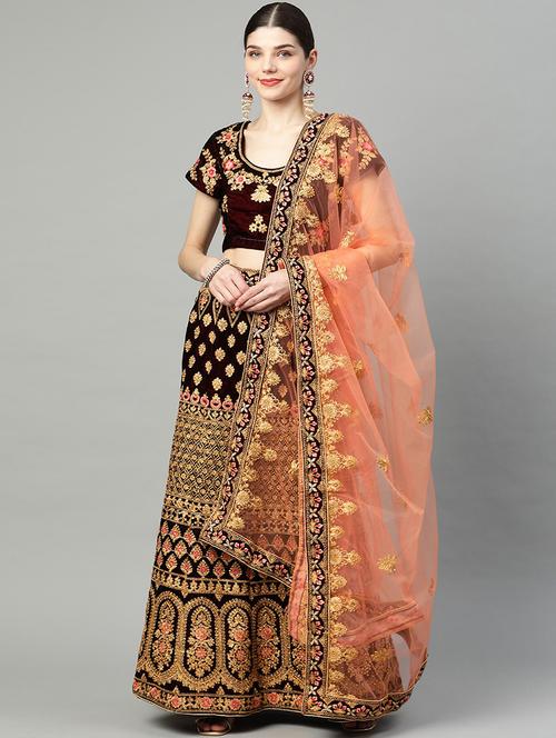 maroon velvet flared lehenga - 18247890 -  Standard Image - 0