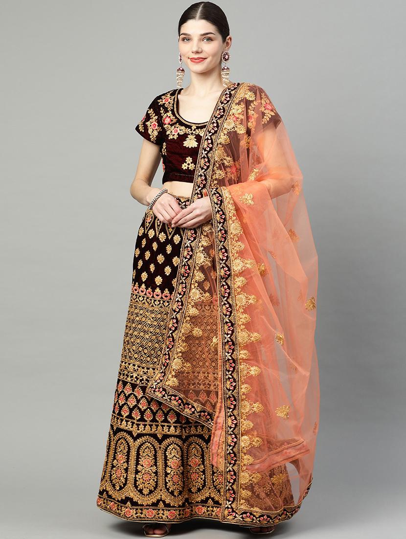 maroon velvet flared lehenga - 18247890 -  Zoom Image - 0