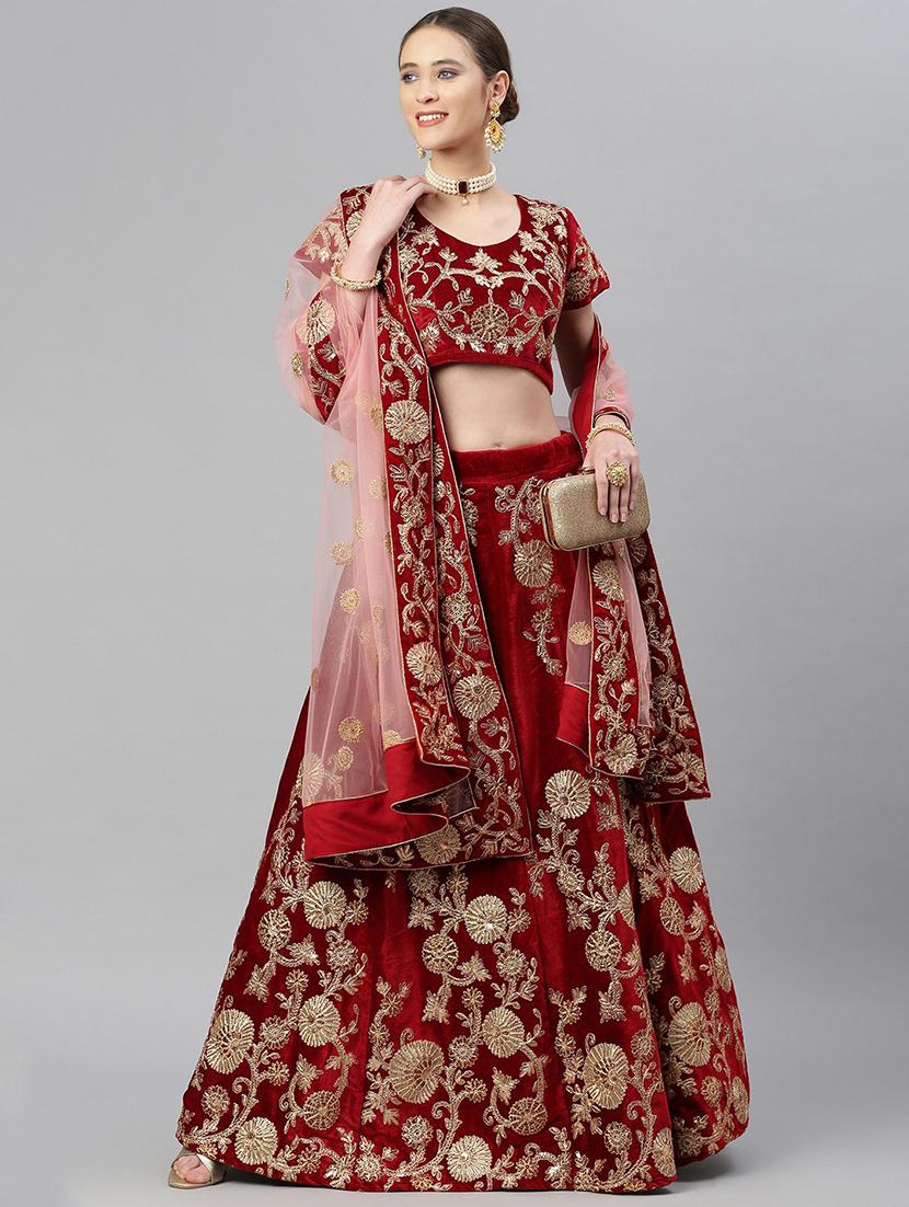maroon velvet flared lehenga