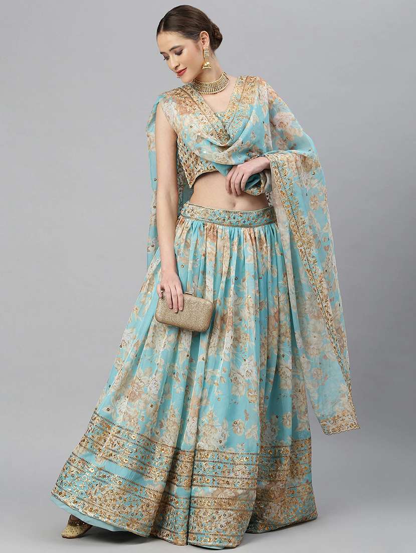 blue organza flared lehenga
