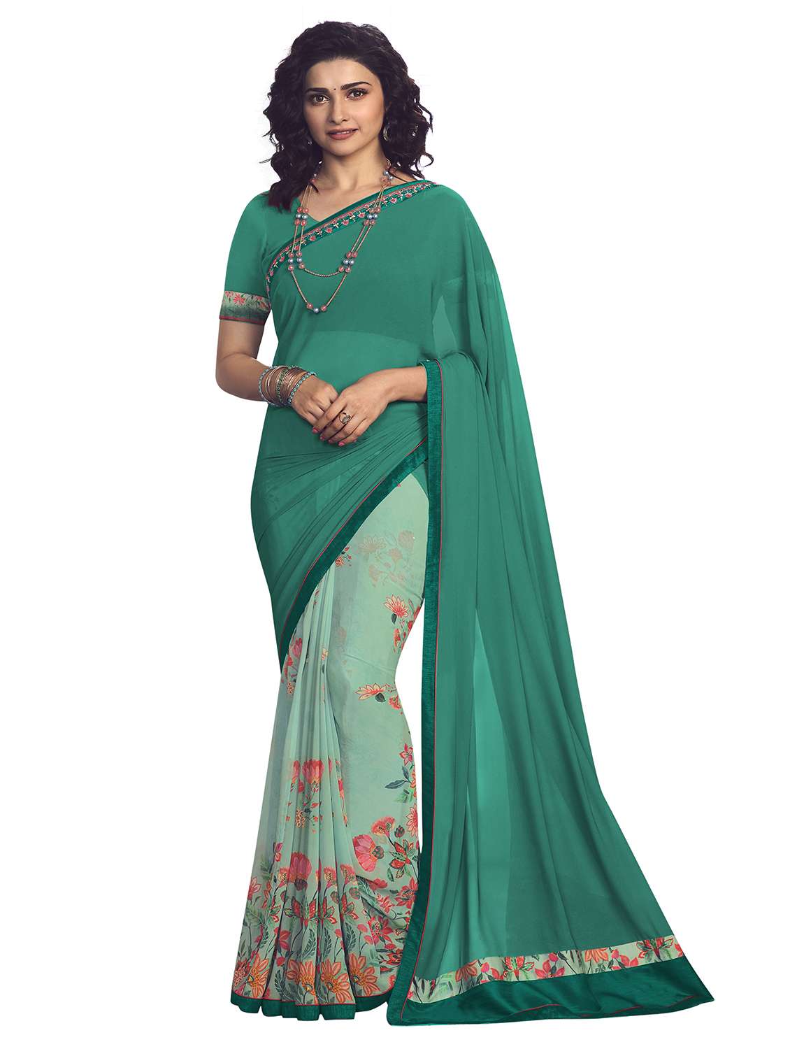 floral half and half saree with blouse