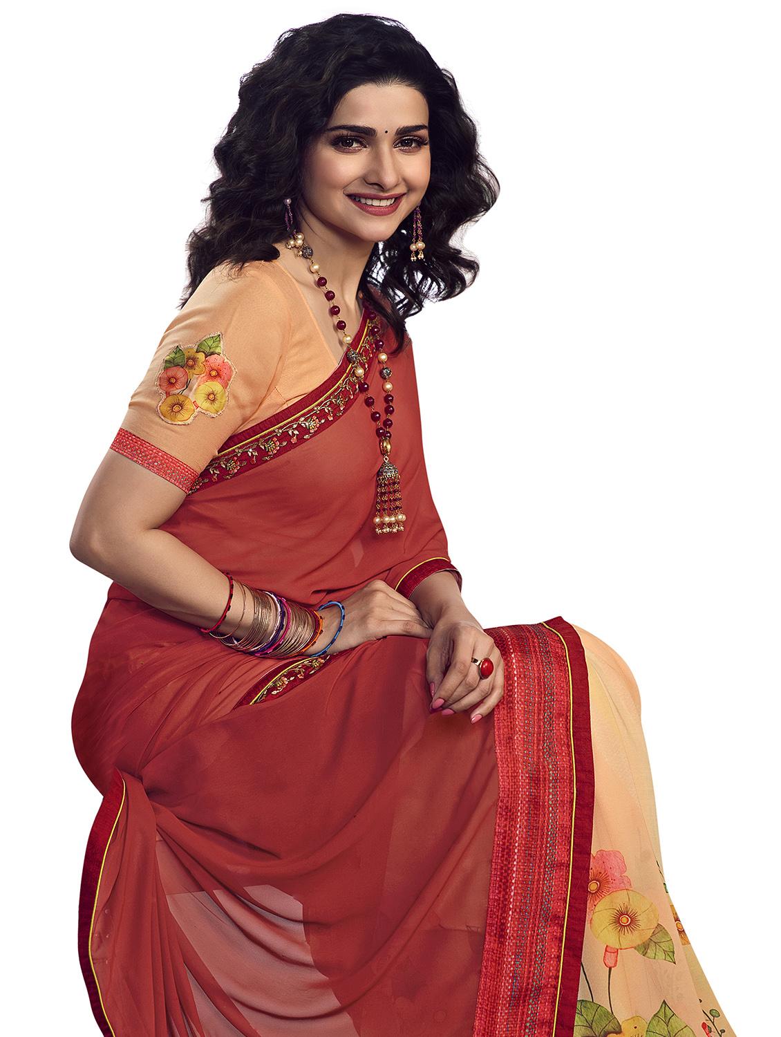 red georgette half and half saree with blouse - 18248221 -  Standard Image - 1