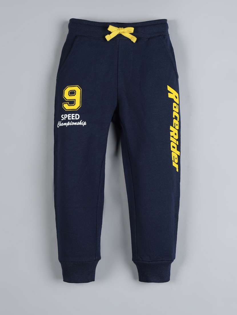 boys navy blue typographic printed joggers