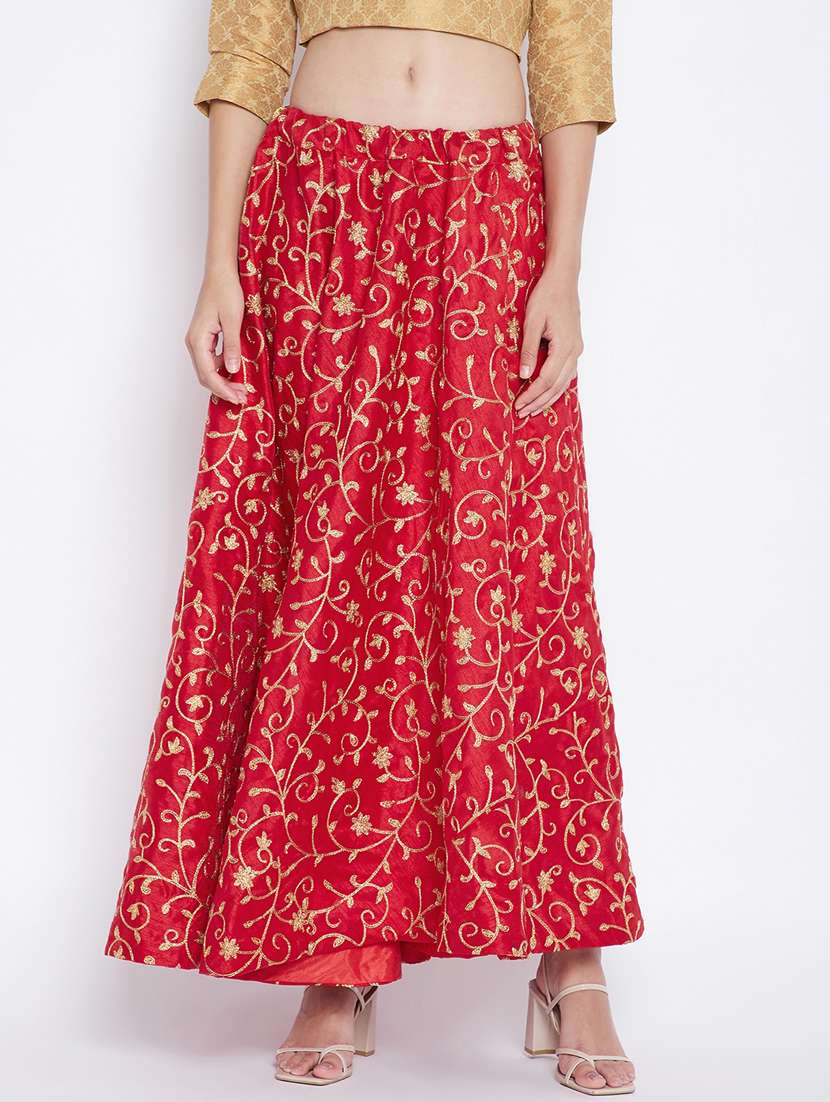 red silk blend flared skirt