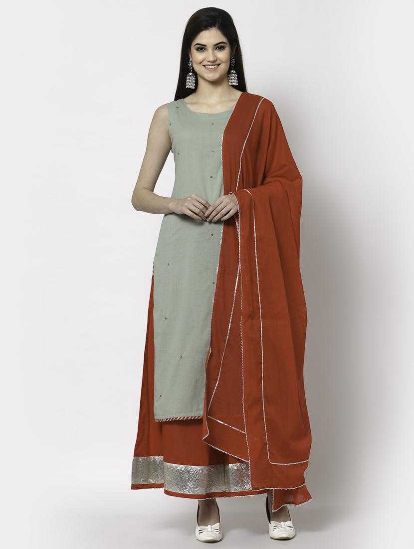 women mirror work sleeveless kurta palazzo with dupatta set