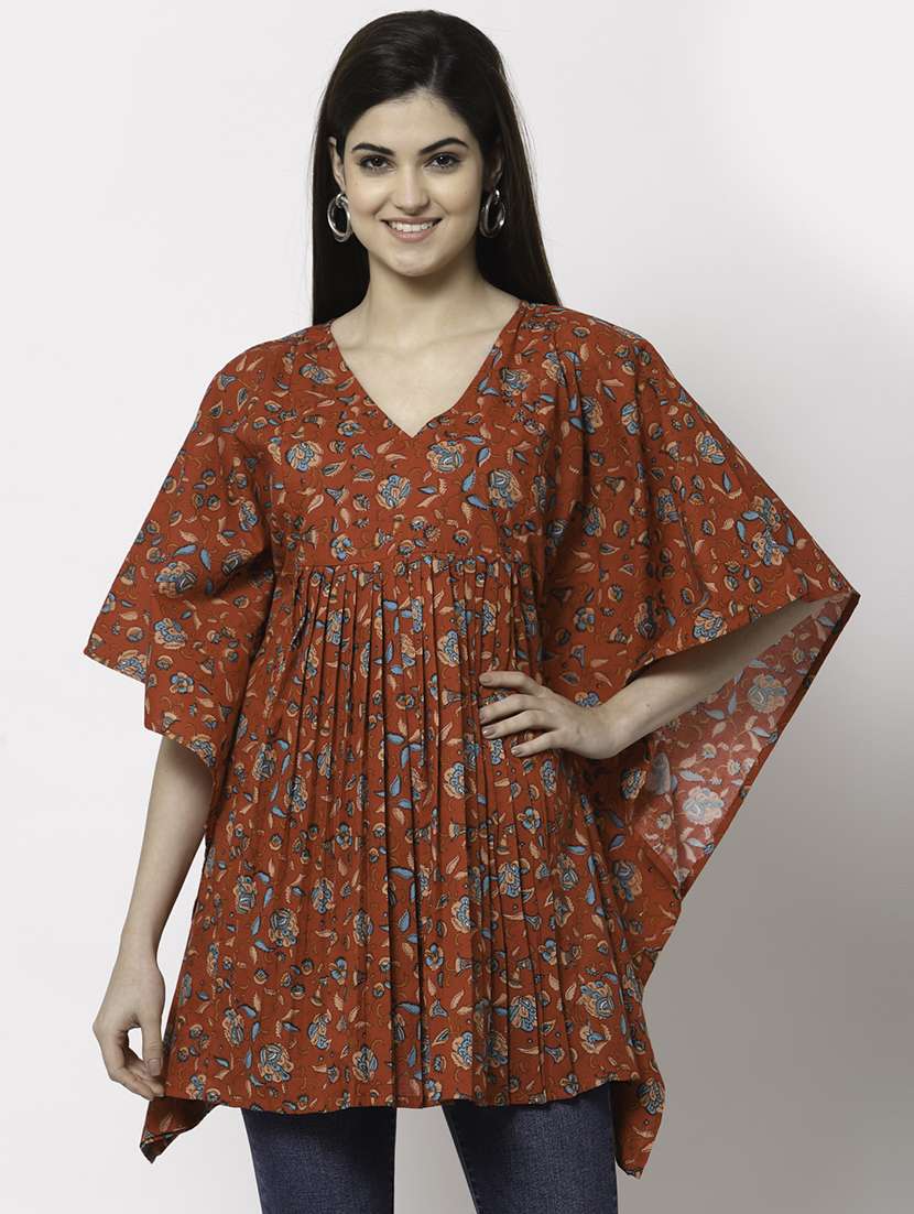 red printed v neck kaftan tunic