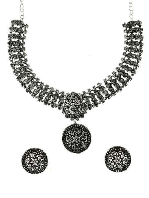 Silver Oxidized Necklace With Earring