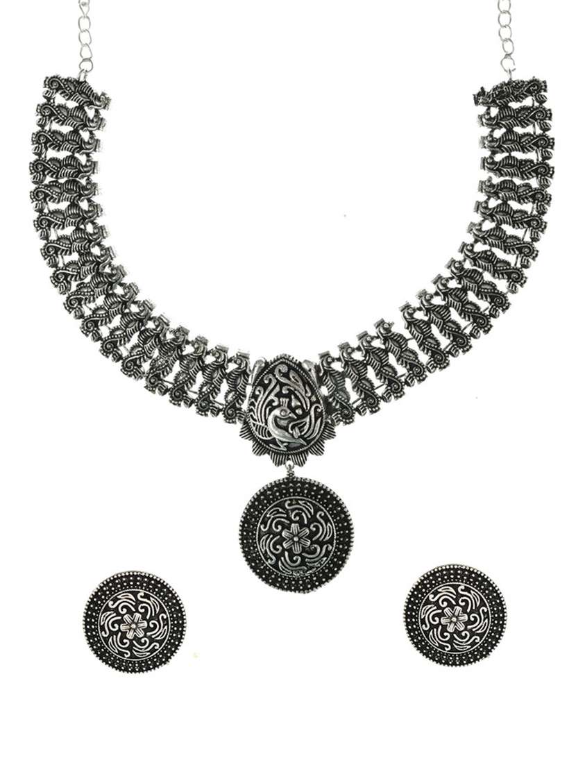 silver oxidized necklace with earring