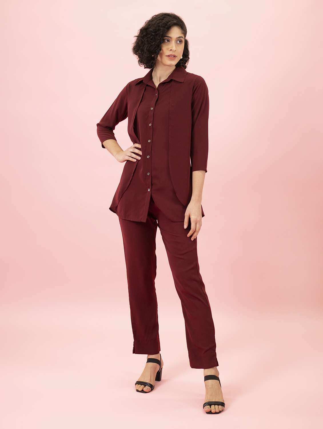 shirt collar solid top and trouser set